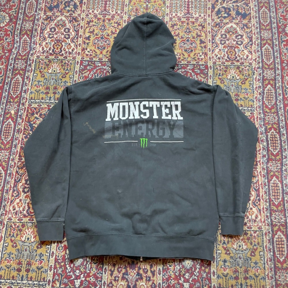 VTG 00s Monster Energy Men Black Full Zip Graphic Hoodie Sweatshirt Logo Stain L